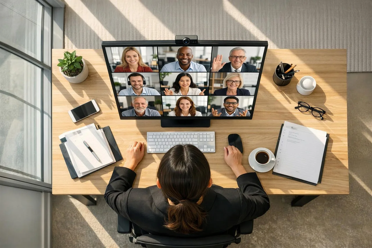 video conference, home office, desk, computer monitor, video call, employee, office work, laptop, coffee cup, potted plant, telephone, internet connection, technology, communication, business, remote work, office equipment, workspace, office environment, meeting, online service