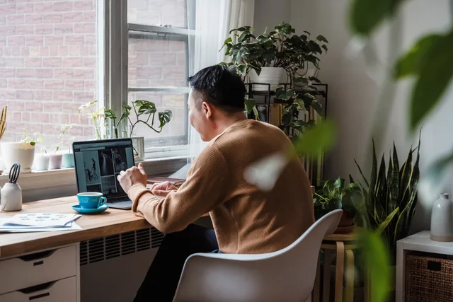 A man working from home surrounded by plants, using a laptop at a wooden desk. Distansarbete i Sverige: regler, avtal och praktiska rutiner